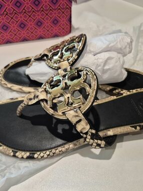 Tory Burch Metal Miller Premium Snake-Print Sandals with Gold Logo